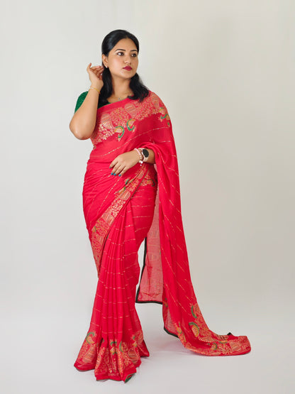 Bamber Viscose Georgette Saree with Mill Foil Print and Running Blouse – Festive Wear