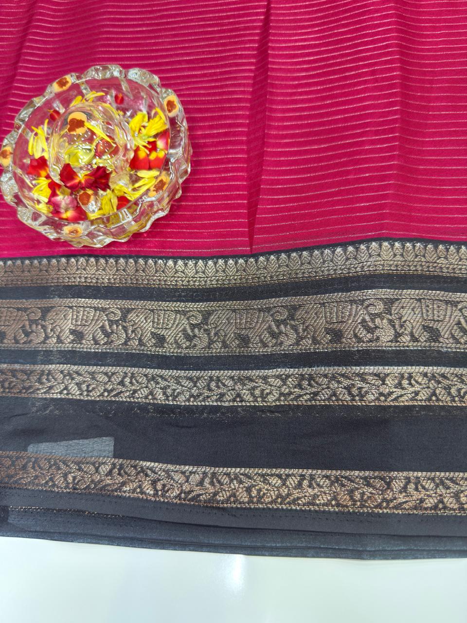 Munga Crape Silk Saree for Women with Contrast Woven Border and Traditional Stripe Design