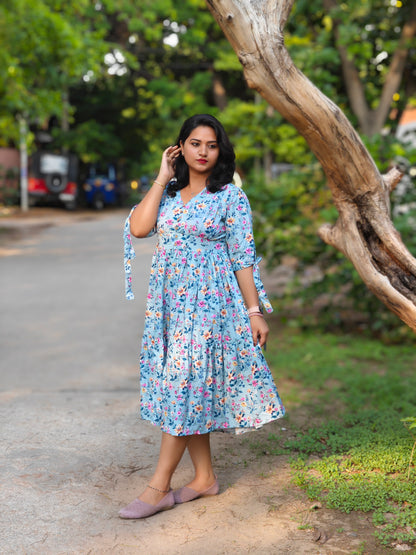 Blue Crepe Digital Floral Print Flared Western Dress for Women – Midi Dress, Sizes M, L, 2XL