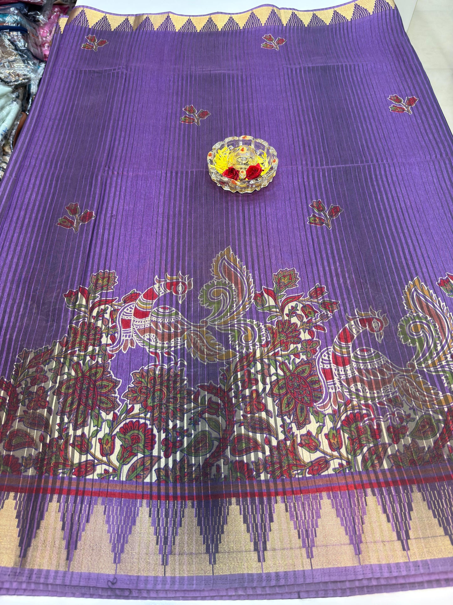 Printed Silk Blend Saree for Women with Temple Border and Traditional Ethnic Design