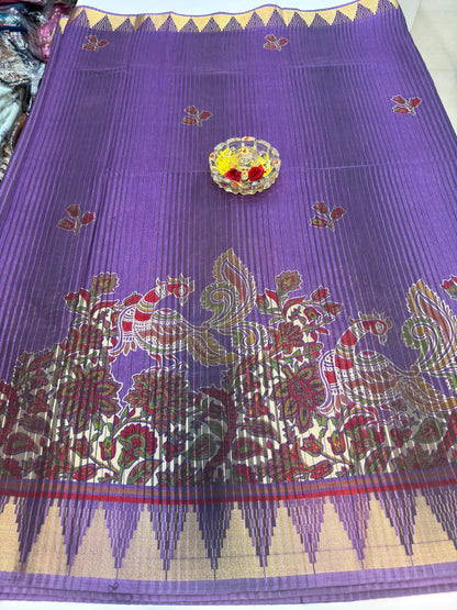 Printed Silk Blend Saree for Women with Temple Border and Traditional Ethnic Design