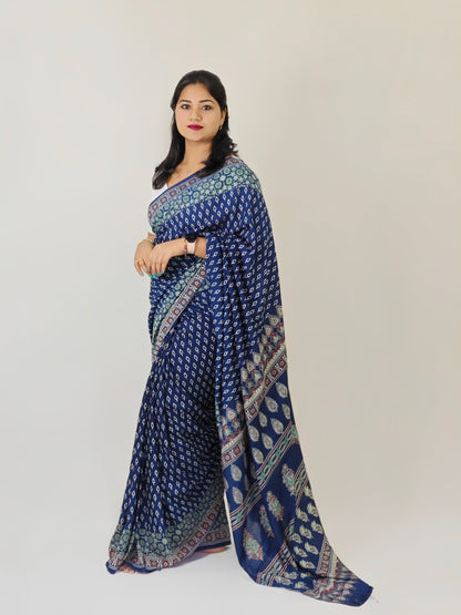 Semi Modal Silk Saree with Hand Block Prints and Contrast Blouse for Women