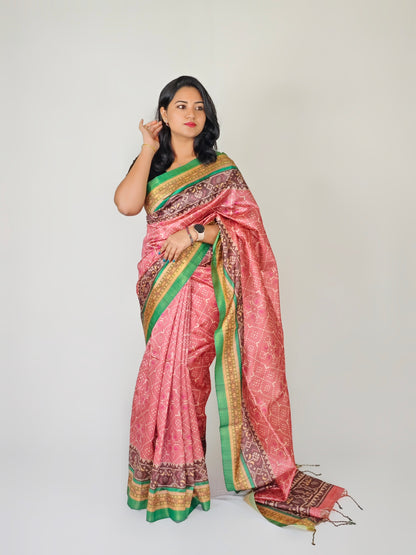 Soft Raw Silk Ikat Print Saree with Tassel Border and Contrast Blouse Piece