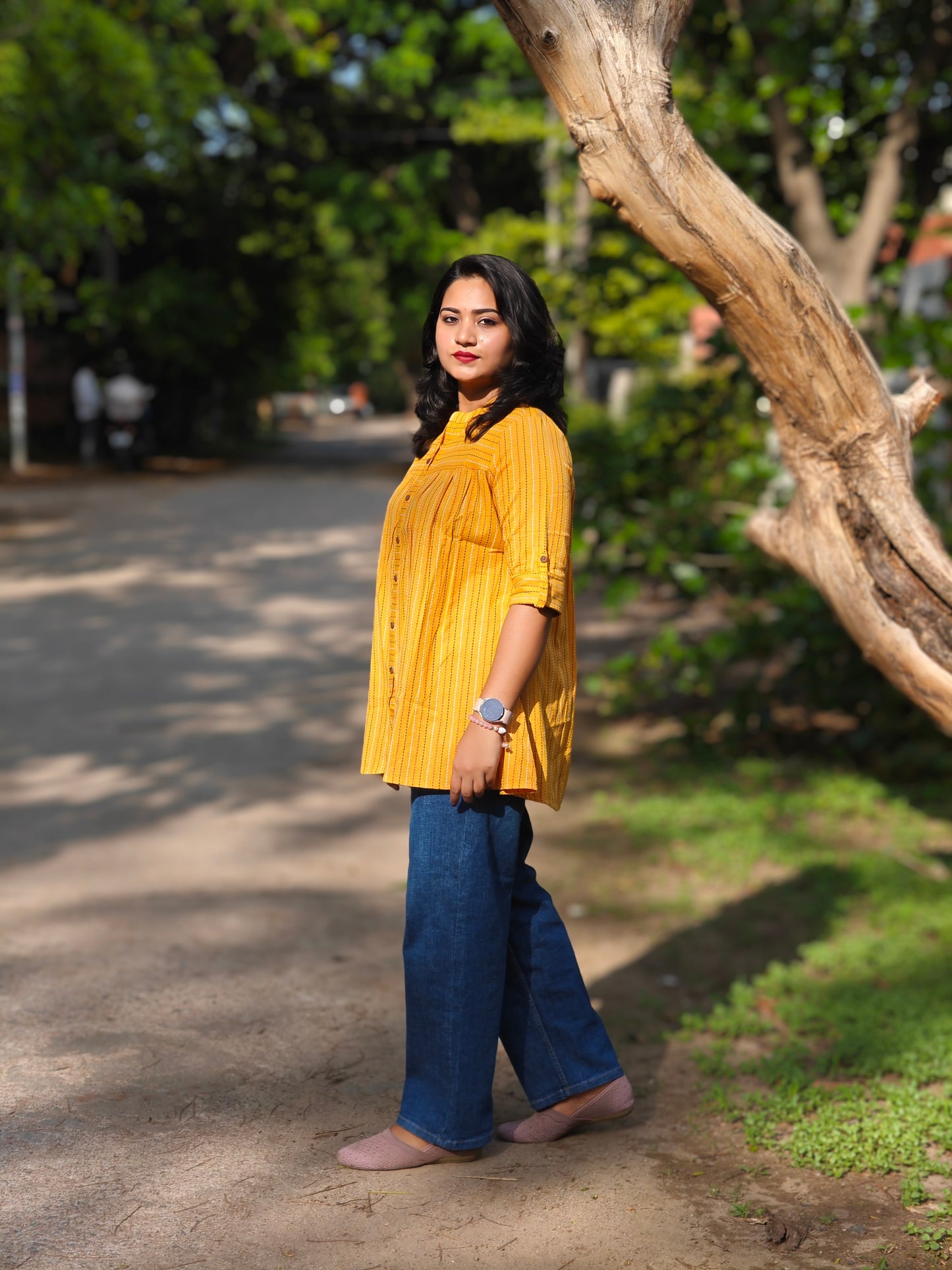 Mustard Cotton Woven Design Tunic for Women – Sizes S to 3XL
