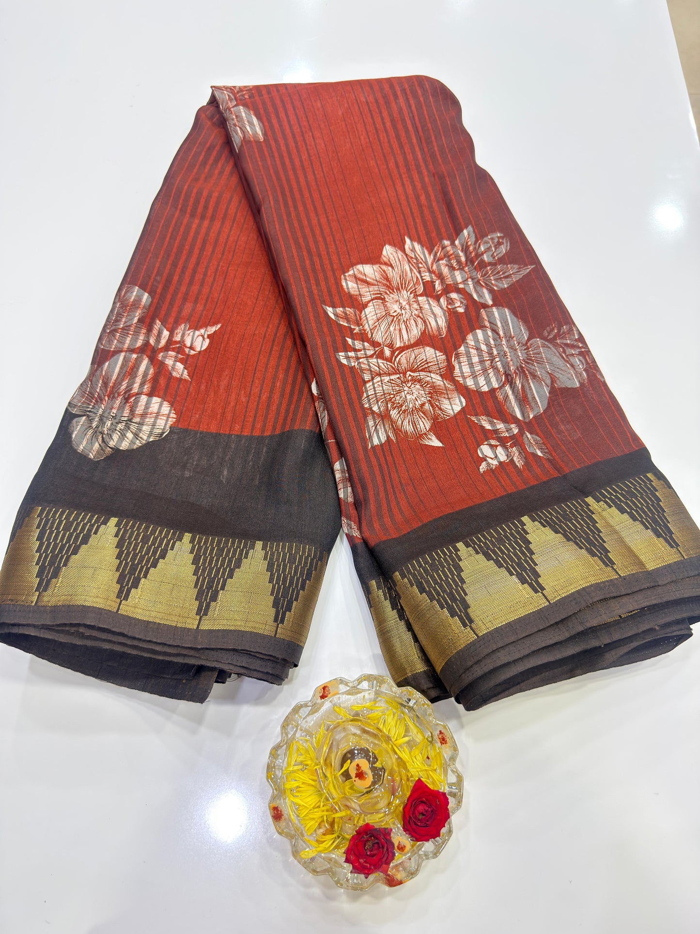 Printed Silk Blend Saree for Women with Temple Border and Traditional Ethnic Design