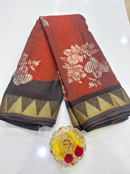 Printed Silk Blend Saree for Women with Temple Border and Traditional Ethnic Design