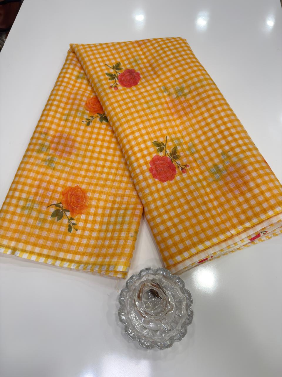 Linen Checks Printed Saree with Rose Floral Design and Matching Blouse for Women