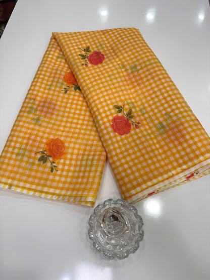 Linen Checks Printed Saree with Rose Floral Design and Matching Blouse for Women
