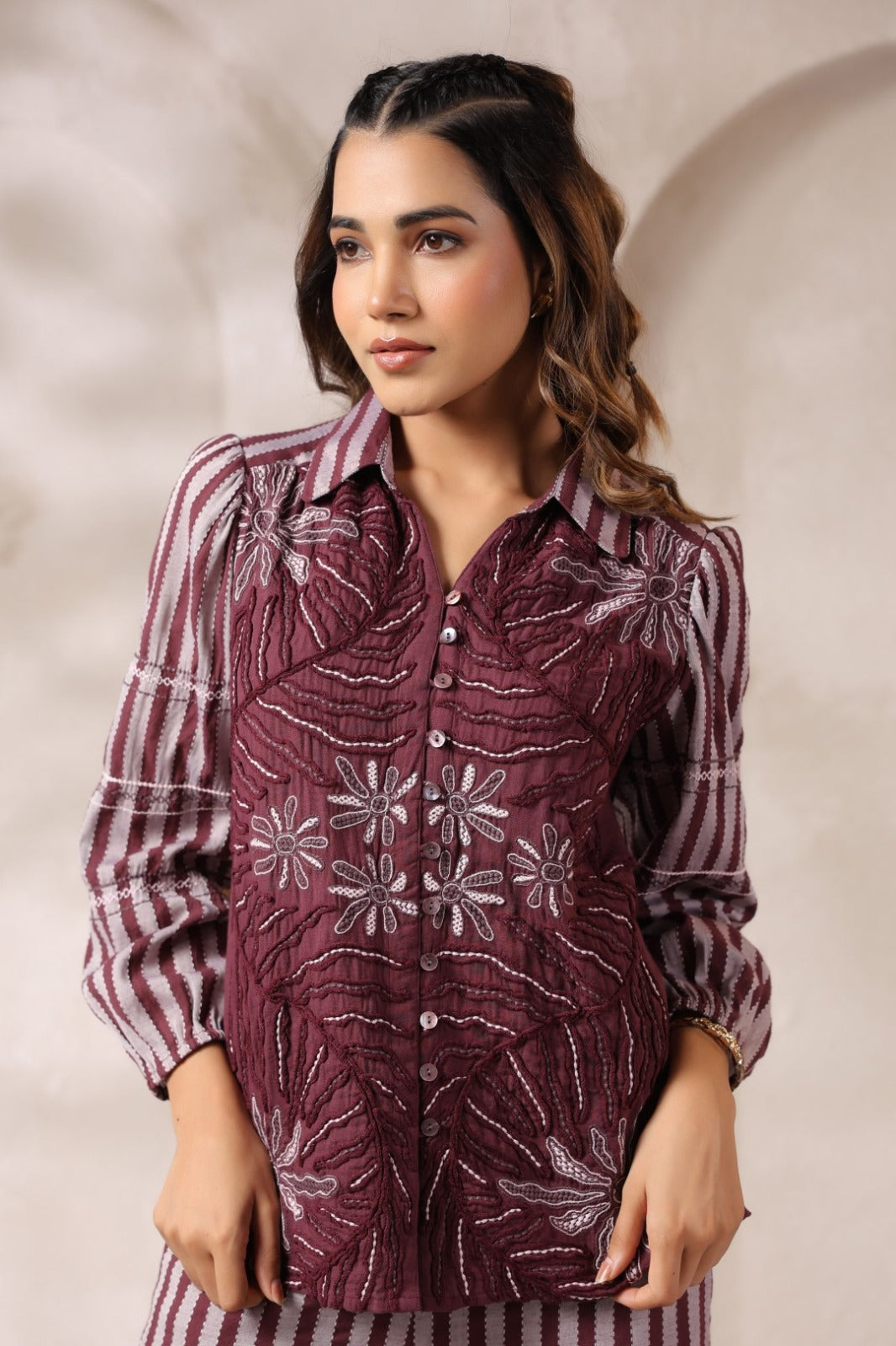 Women’s cotton striped hand-embroidered shirt and wide-leg pant co-ord set, wine and grey, size 38–44