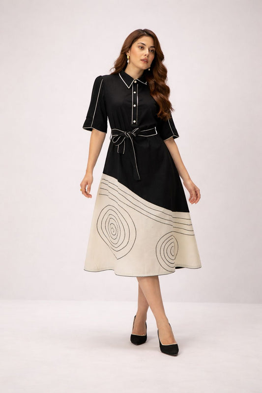 Cotton Flex Shirt Midi Dress for Women with Crochet Flower Applique and Thread Detailing, Black Beige Colorblock