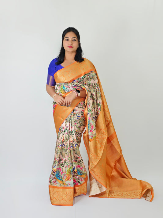 Soft Silk Saree with Kalamkari Motifs and Jacquard Border for Women