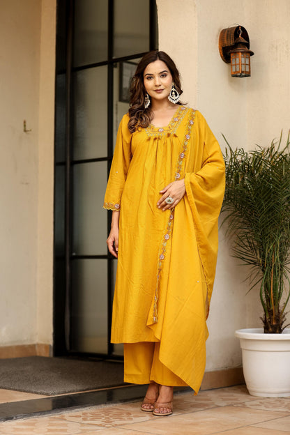 Women’s Mustard Salli Cotton Kurta Set with Embroidery and Dupatta – Sizes 38 to 46
