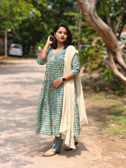 Teal Blue Chanderi Floral Kurta with Pant and Dupatta – Festive Women’s Set