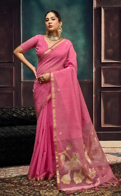 Munga Silk Handloom-Style Saree with Botanical Vine Weave
