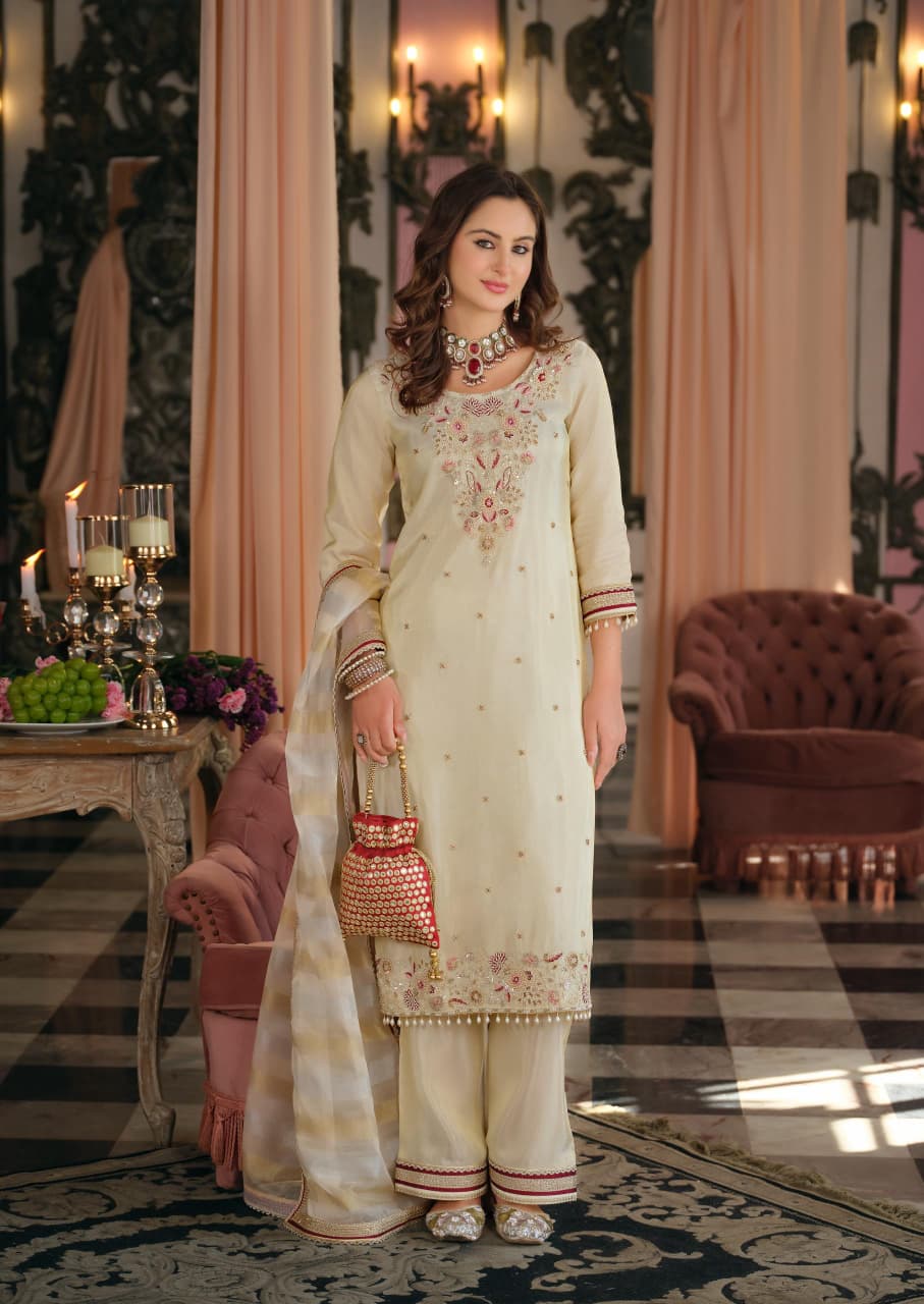 Tissue Shimmer Kurta Palazzo Dupatta Set for Women with Detailing Work, Festive Wear Ethnic Set