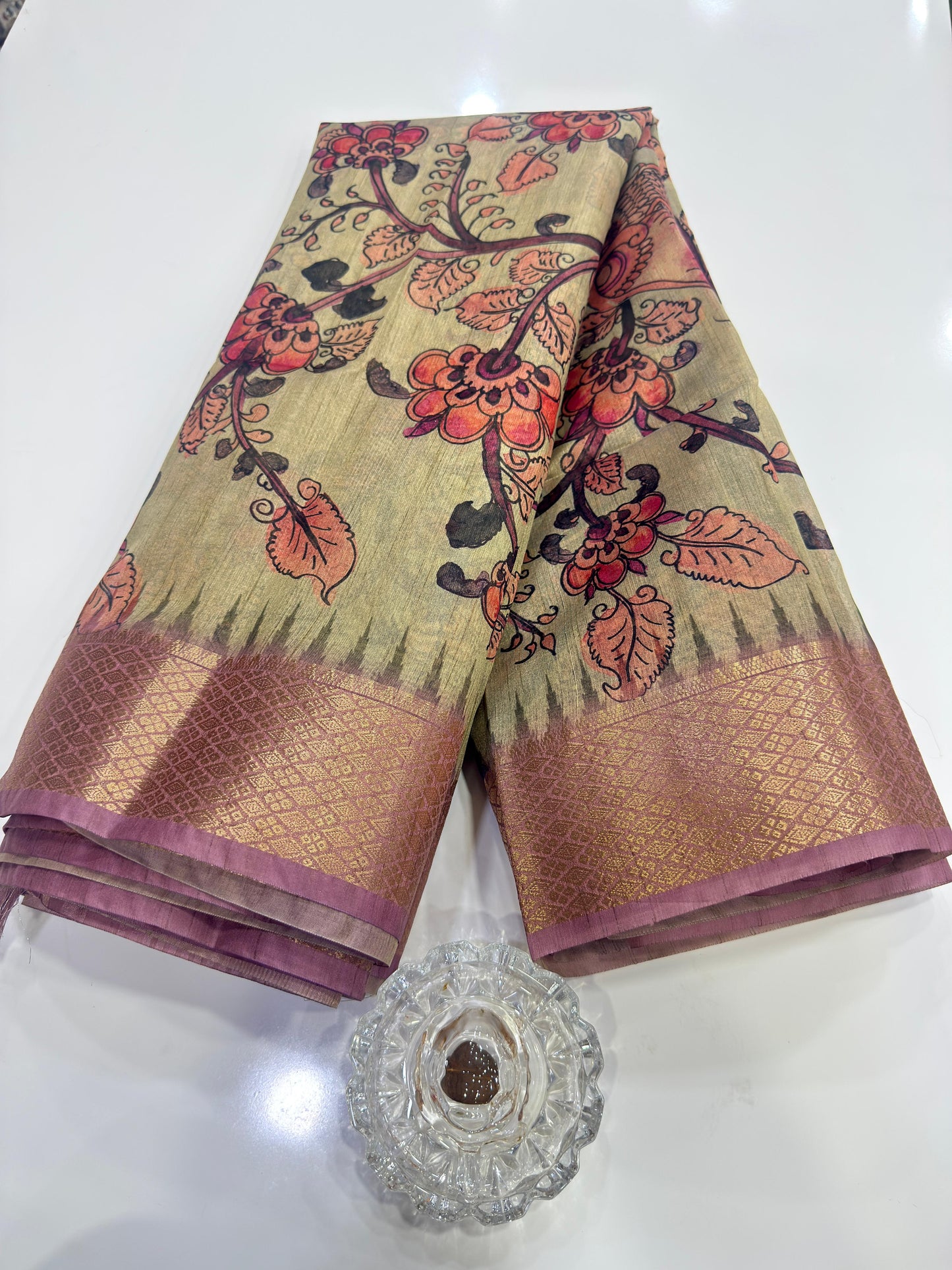 Pashmina Silk Kashmiri Printed Saree for Women Kalamkari Bird Floral Design with Zari Border Ethnic Saree