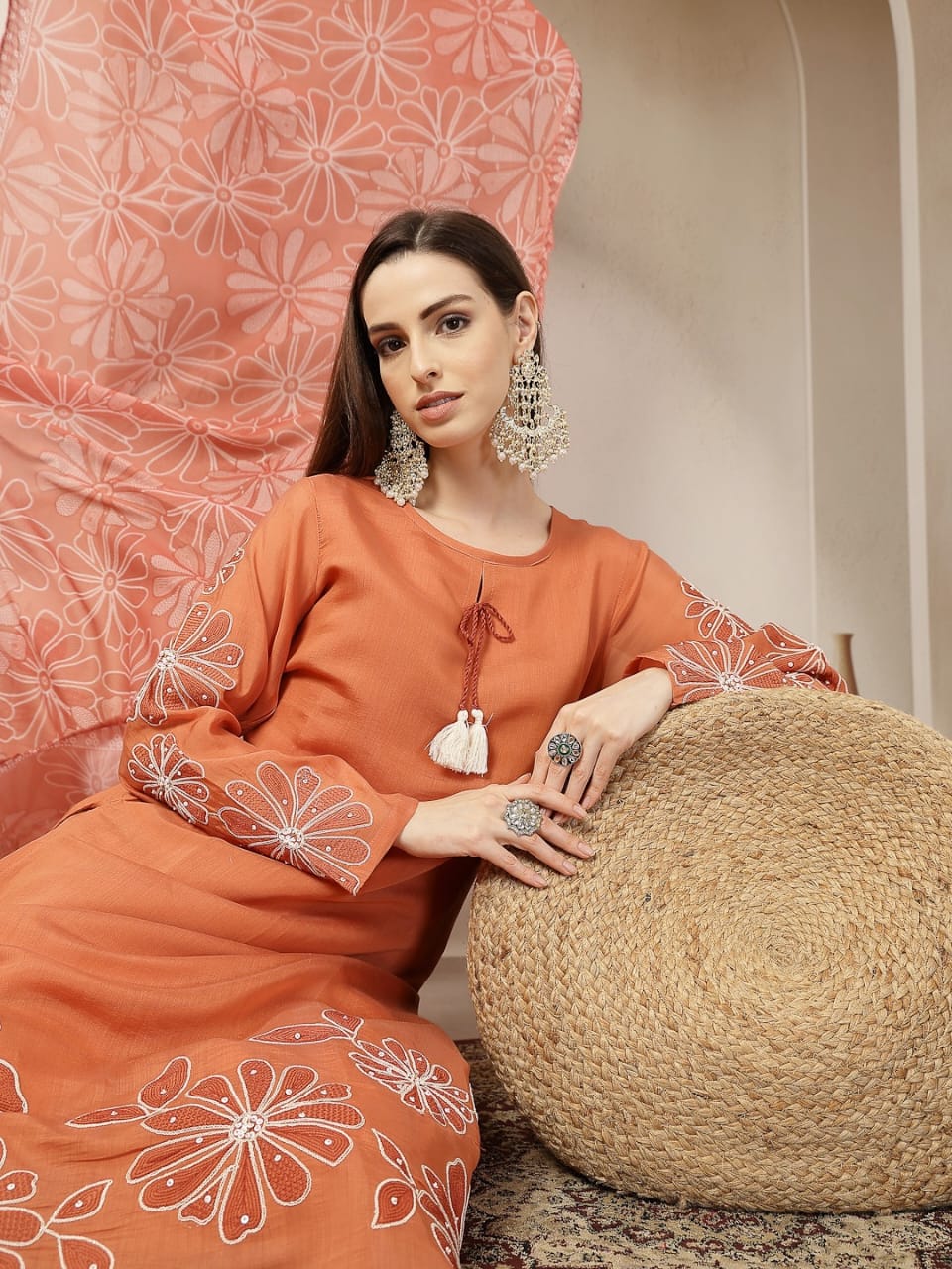 mul chanderi kurti pant and dupatta set for women with detailing work