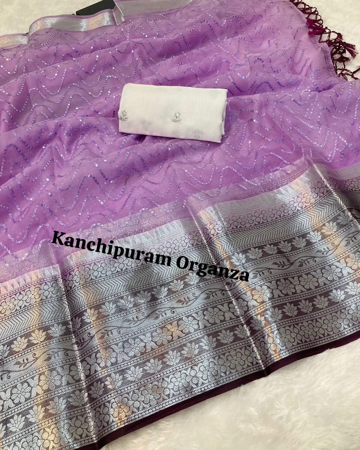Kanchipuram Organza Saree with Viscose Thread Work and Satin Blouse for Women