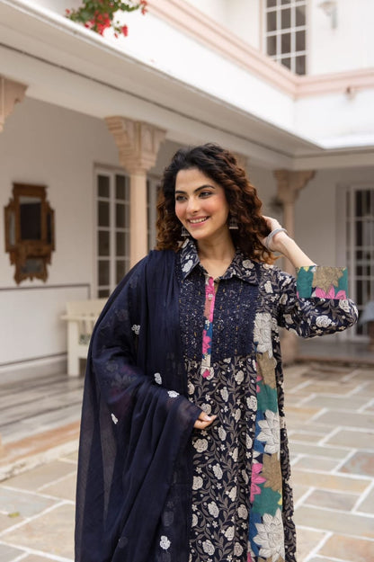 Cotton Printed Kurta Set for Women with Contrast Panels and Dupatta