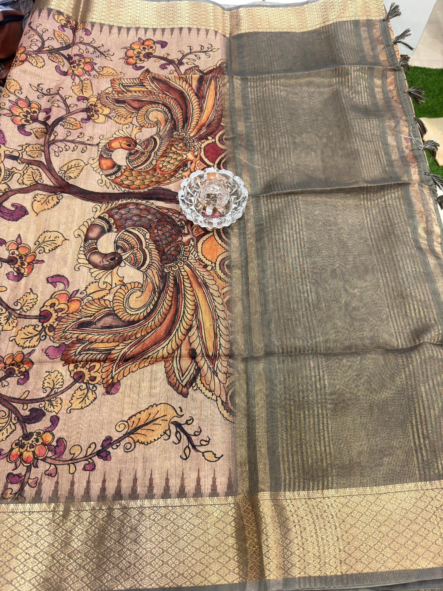 Pashmina Silk Kashmiri Printed Saree for Women Kalamkari Bird Floral Design with Zari Border Ethnic Saree
