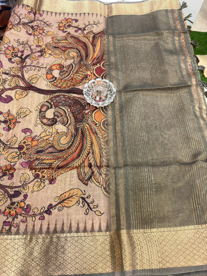 Pashmina Silk Kashmiri Printed Saree for Women Kalamkari Bird Floral Design with Zari Border Ethnic Saree