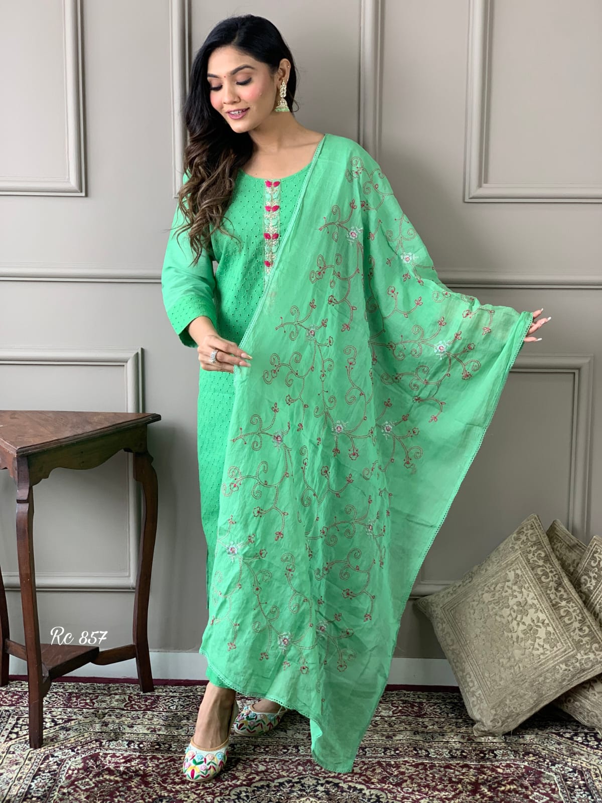 Cotton Schiffli Chikankari Kurta Set with Pants and Printed Silk Dupatta – Women’s Ethnic Wear