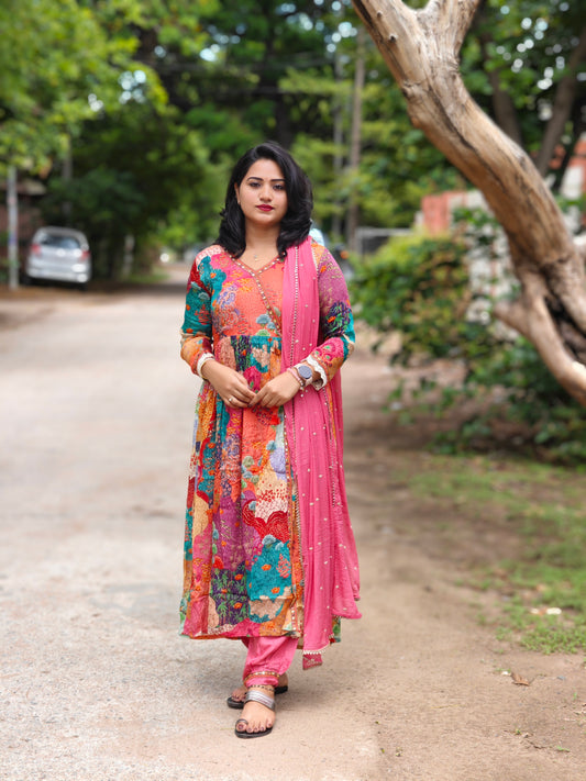 Chinnon Anarkali Kurta with Silk Afghani Pant and Chiffon Nazneen Dupatta – Women’s Sizes 36 to 44