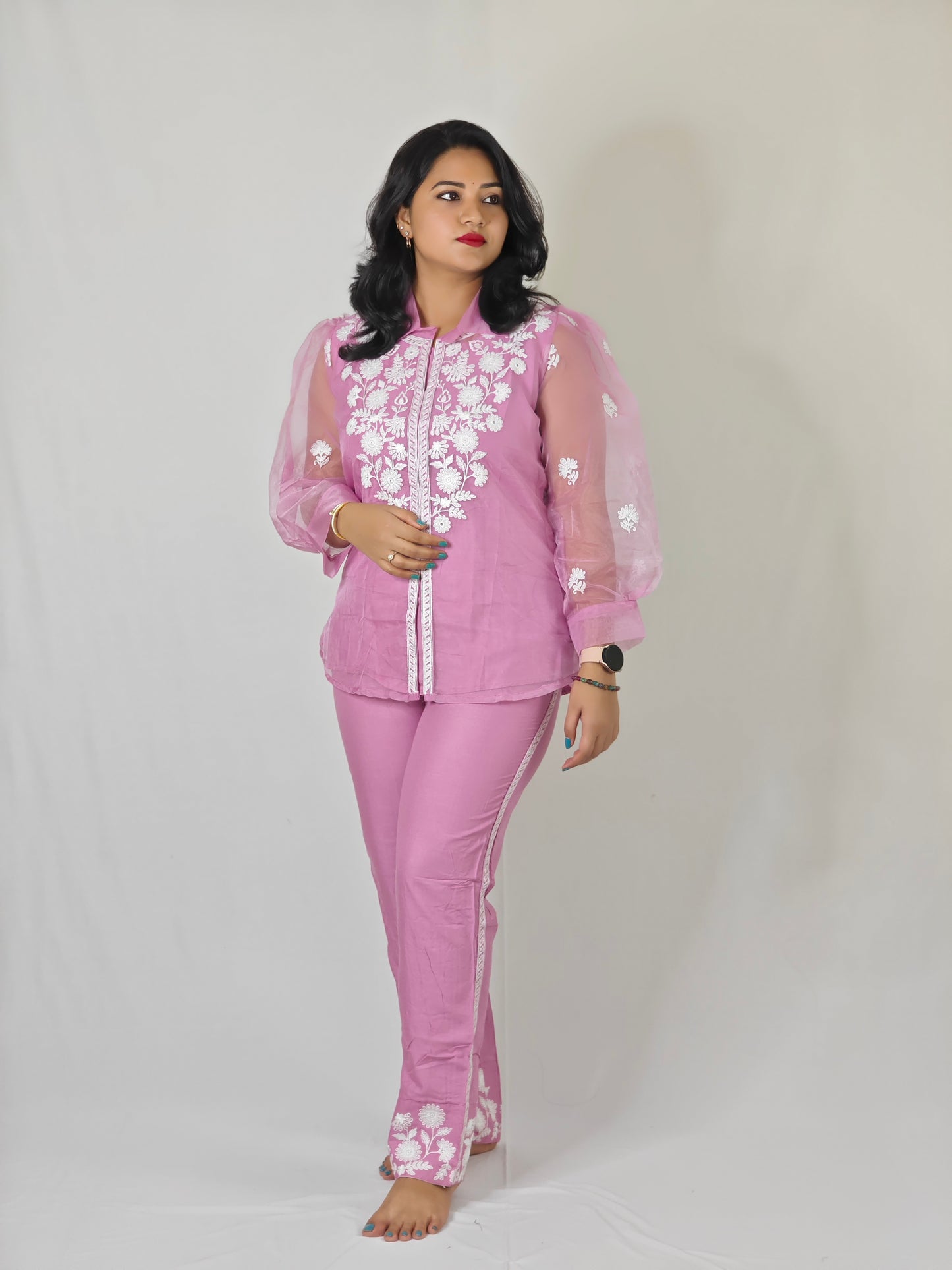 White Thread Embroidered Organza Kurta with Rayon Pant Set for Women