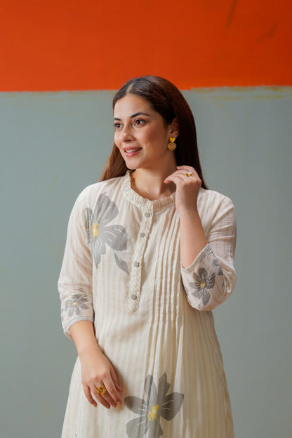 Cotton Kurti Pant Set for Women, Floral Printed Kurta with Pintuck Front, M to XXL