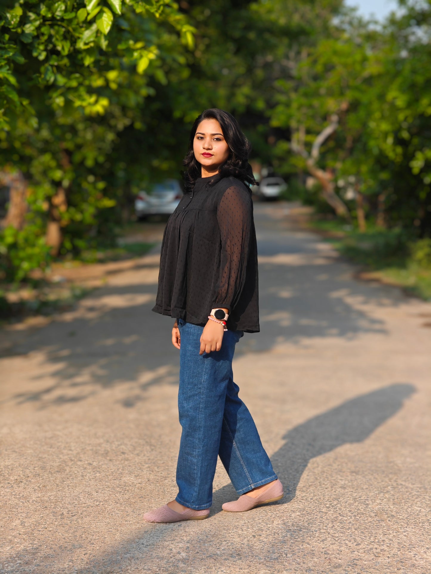 Black Dobby Chiffon Solid Empire Waist Top for Women – Sizes S to 2XL