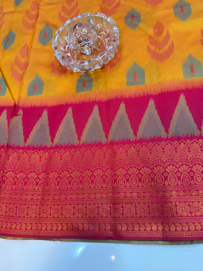 Soft Silk Ikkat Pochampally Saree with Traditional Woven Border and Blouse Piece for Women
