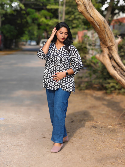 Black and White Polka Dot Flared Top for Women – Sizes L to 3XL