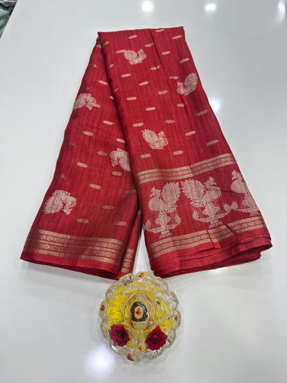 Silk Blend Saree for Women with Elephant Motifs and Traditional Woven Border