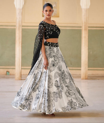Real chinon embroidered crop top lehenga set for women with cancan – black & white floral pattern