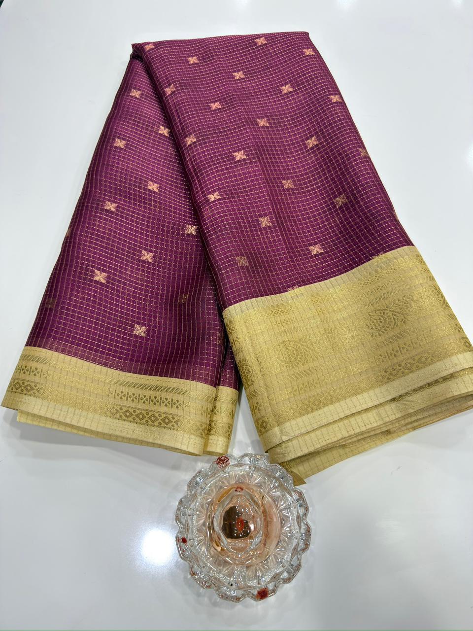 Munga pattu silk blend saree with small buti checks and zari border, women’s festive wear saree