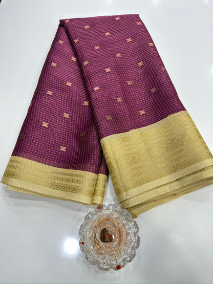 Munga pattu silk blend saree with small buti checks and zari border, women’s festive wear saree