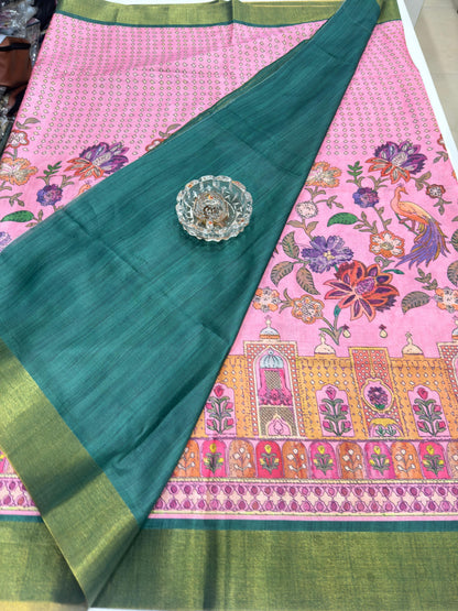 Soft Tussar Silk Printed Saree with Contrast Border, Tassels and Blouse for Women