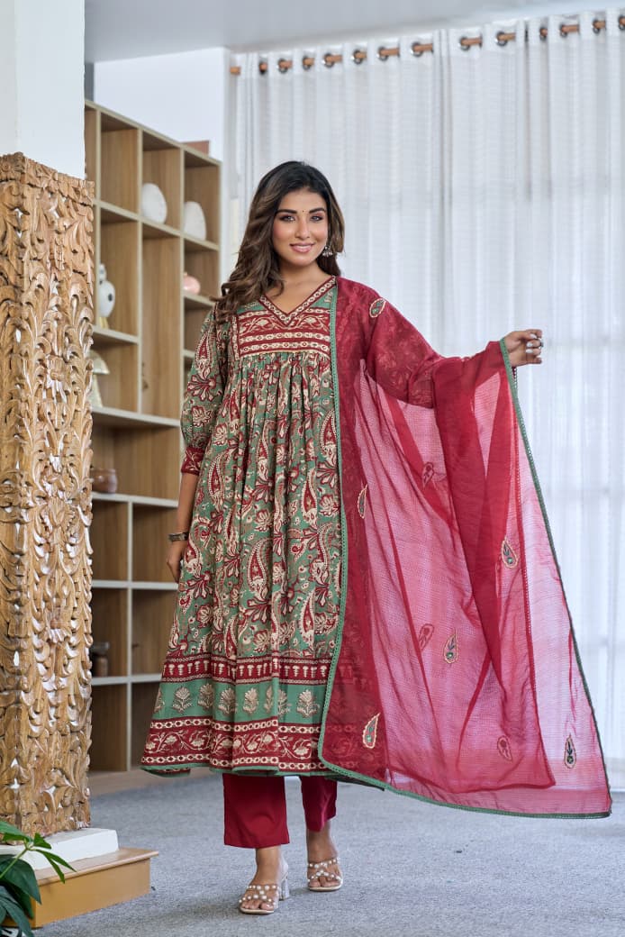 Cotton Kalamkari Printed Kurti Pant Set with Kota Doria Dupatta for Women, V-Neck Straight Kurta Ethnic Set