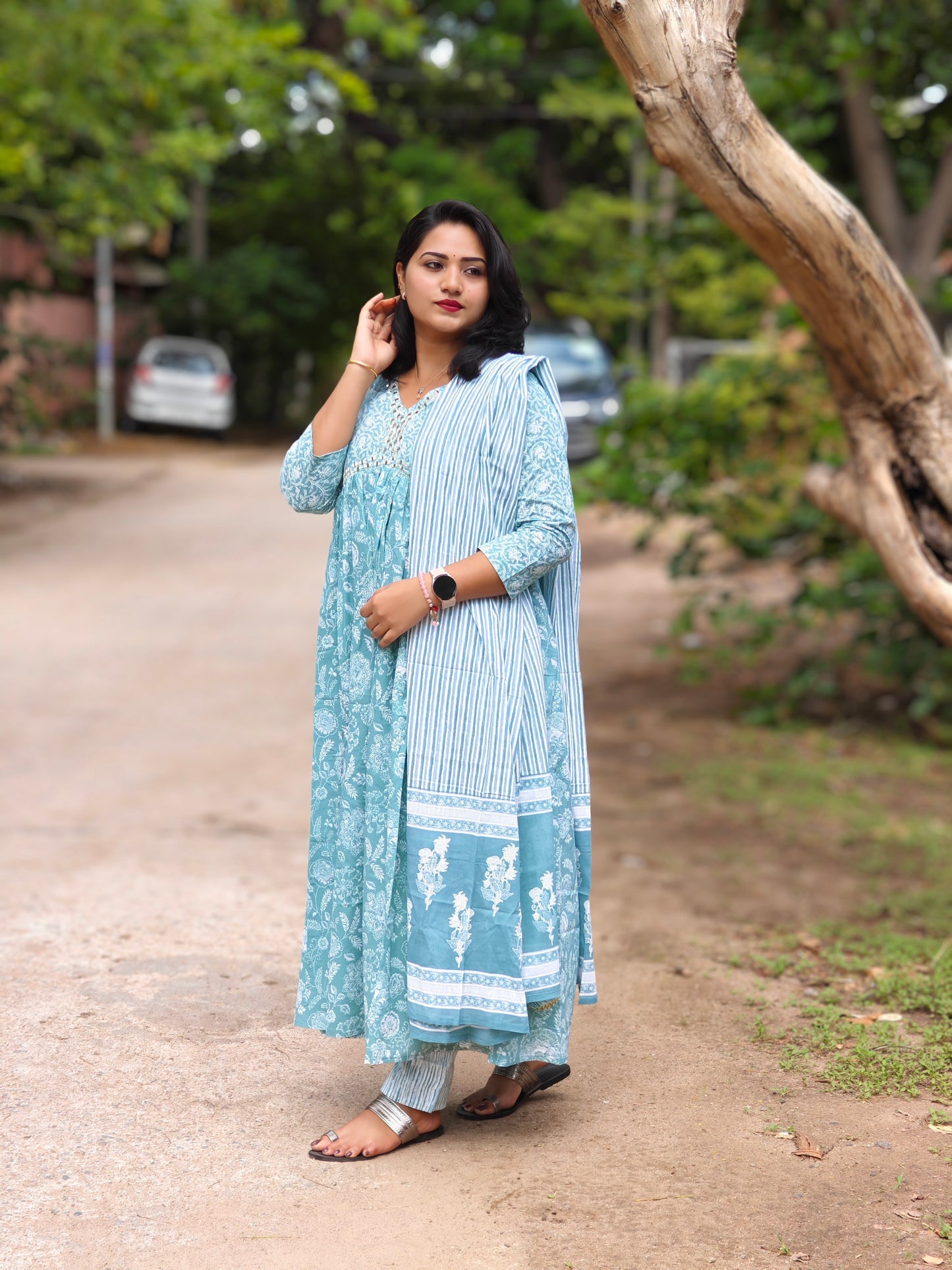 Alia-Style Jaipuri Print Cotton Anarkali Suit with Pants and Mul Dupatta – Women’s Ethnic Set