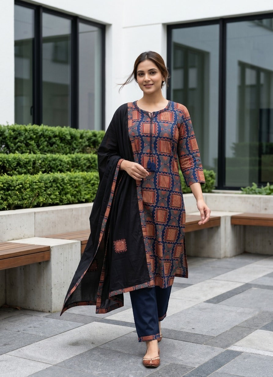 Printed Cotton Kurta Pant Dupatta Set for Women with Mirror Work Dupatta, Straight Fit, 3 Piece