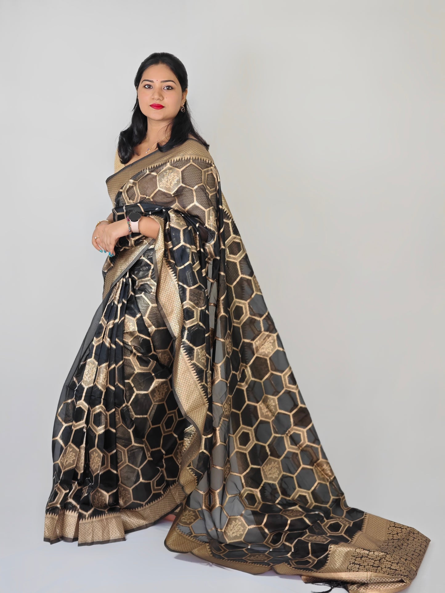 Organza Silk Zari Weaving Saree with Golden Butties, Silver Zari Pallu & Brocade Blouse