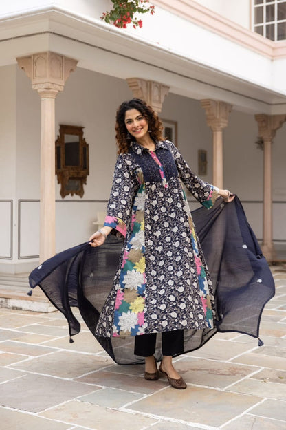 Cotton Printed Kurta Set for Women with Floral Panels and Dupatta