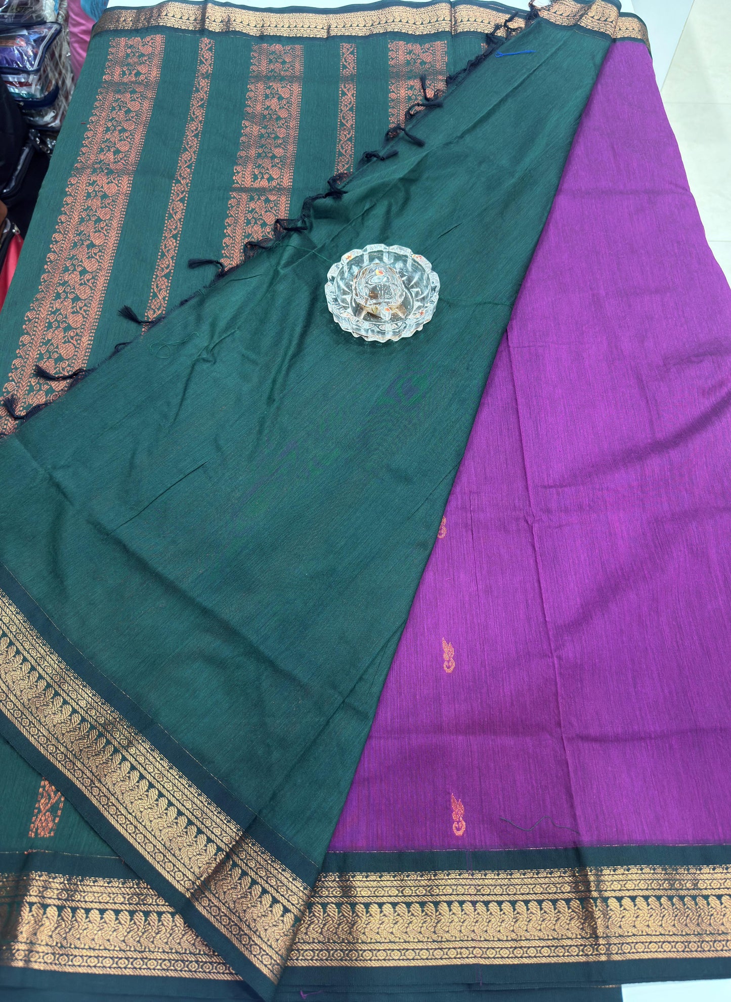 Kalyani Cotton Saree for Women with Zari Woven Border, Traditional Stripe Pallu and Tassel Detailing
