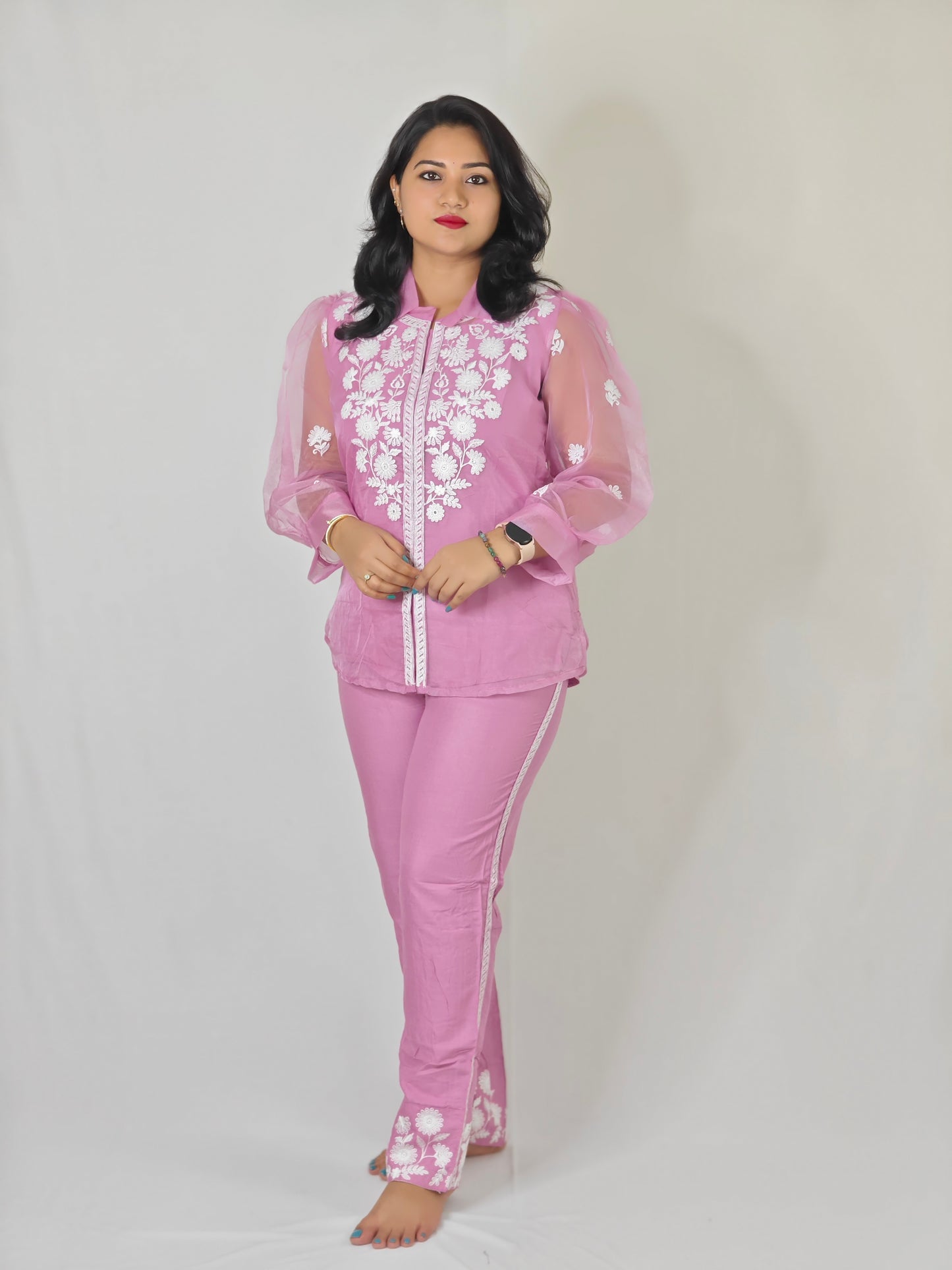 White Thread Embroidered Organza Kurta with Rayon Pant Set for Women