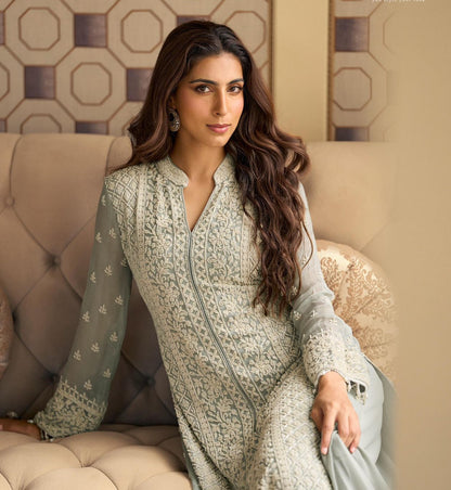 Women’s premium georgette embroidered stitched suit set with beads work and palazzo (XL)