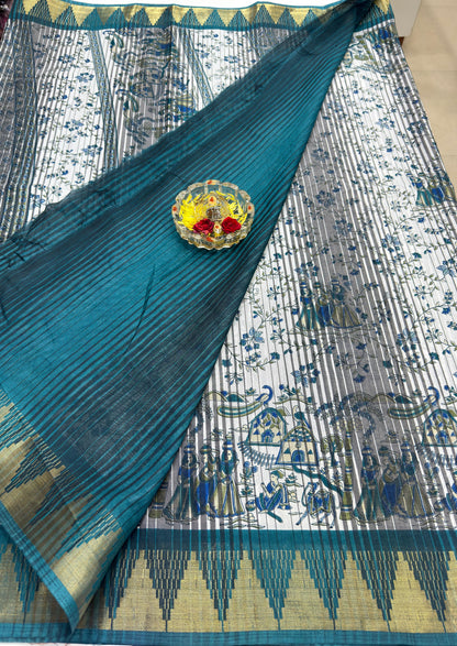 Printed Silk Blend Saree for Women with Temple Border and Traditional Ethnic Design