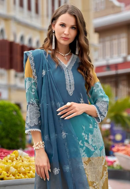 Women’s organza digital print kurta set with embroidery, silk pant and organza dupatta, plus size XXL-3XL