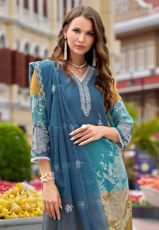 Women’s organza digital print kurta set with embroidery, silk pant and organza dupatta, plus size XXL-3XL