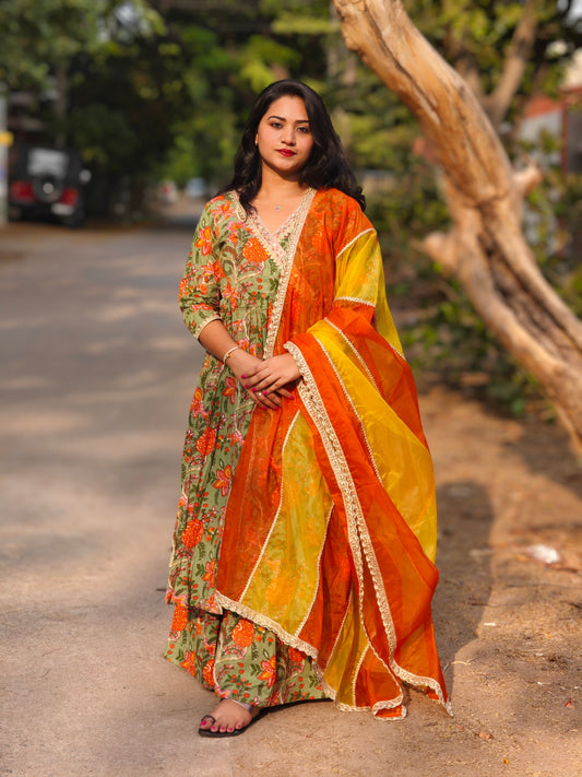 Green Cotton Ethnic Printed Kurta with Flared Palazzo and Dupatta – Sizes L & XL