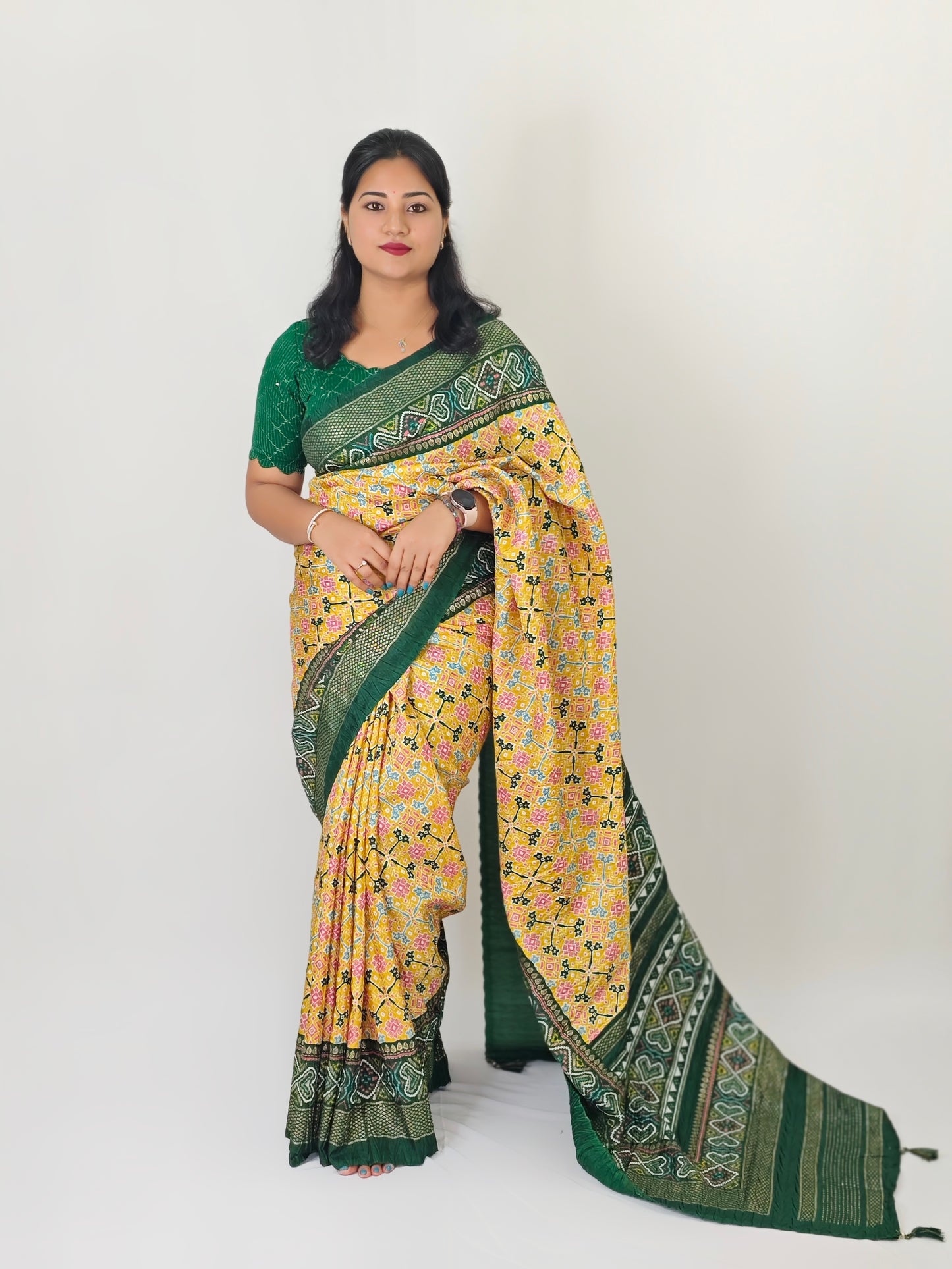 Soft Dola Silk Patola Print Saree with Foil Detailing, Tassel Pallu and Contrast Blouse for Women